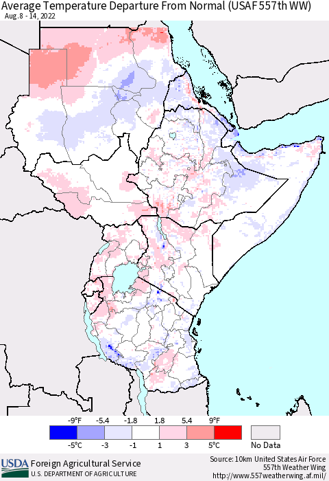 Eastern Africa Average Temperature Departure from Normal (USAF 557th WW) Thematic Map For 8/8/2022 - 8/14/2022