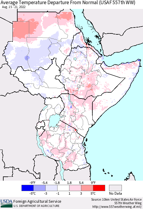 Eastern Africa Average Temperature Departure from Normal (USAF 557th WW) Thematic Map For 8/15/2022 - 8/21/2022