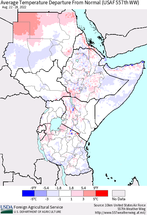 Eastern Africa Average Temperature Departure from Normal (USAF 557th WW) Thematic Map For 8/22/2022 - 8/28/2022