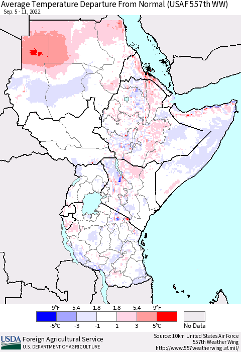 Eastern Africa Average Temperature Departure from Normal (USAF 557th WW) Thematic Map For 9/5/2022 - 9/11/2022