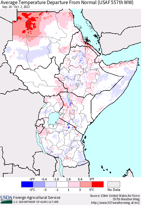 Eastern Africa Average Temperature Departure from Normal (USAF 557th WW) Thematic Map For 9/26/2022 - 10/2/2022