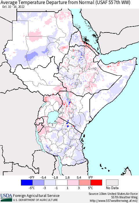 Eastern Africa Average Temperature Departure from Normal (USAF 557th WW) Thematic Map For 10/10/2022 - 10/16/2022