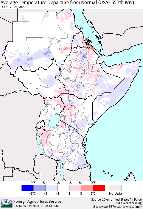 Eastern Africa Average Temperature Departure from Normal (USAF 557th WW) Thematic Map For 10/17/2022 - 10/23/2022