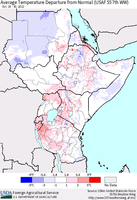 Eastern Africa Average Temperature Departure from Normal (USAF 557th WW) Thematic Map For 10/24/2022 - 10/30/2022
