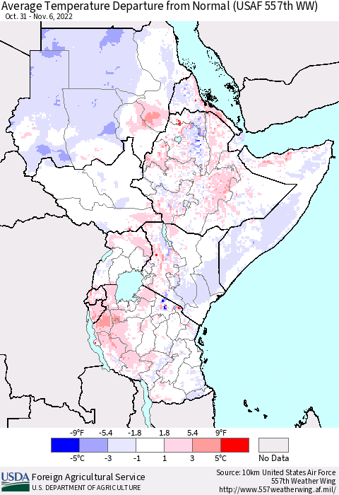 Eastern Africa Average Temperature Departure from Normal (USAF 557th WW) Thematic Map For 10/31/2022 - 11/6/2022