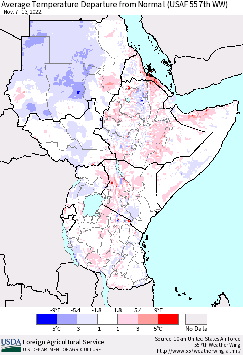 Eastern Africa Average Temperature Departure from Normal (USAF 557th WW) Thematic Map For 11/7/2022 - 11/13/2022