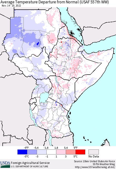 Eastern Africa Average Temperature Departure from Normal (USAF 557th WW) Thematic Map For 11/14/2022 - 11/20/2022
