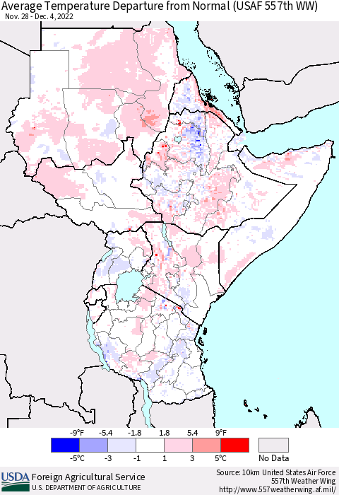 Eastern Africa Average Temperature Departure from Normal (USAF 557th WW) Thematic Map For 11/28/2022 - 12/4/2022