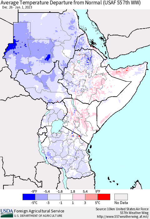 Eastern Africa Average Temperature Departure from Normal (USAF 557th WW) Thematic Map For 12/26/2022 - 1/1/2023