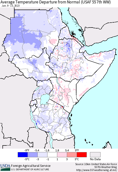 Eastern Africa Average Temperature Departure from Normal (USAF 557th WW) Thematic Map For 1/9/2023 - 1/15/2023