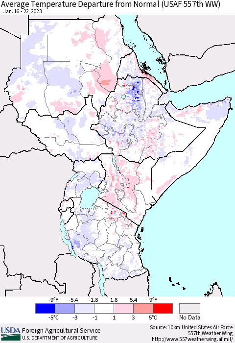 Eastern Africa Average Temperature Departure from Normal (USAF 557th WW) Thematic Map For 1/16/2023 - 1/22/2023
