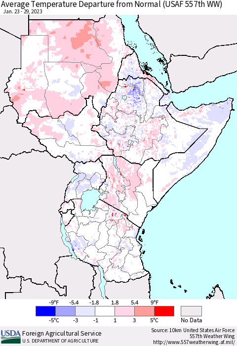 Eastern Africa Average Temperature Departure from Normal (USAF 557th WW) Thematic Map For 1/23/2023 - 1/29/2023