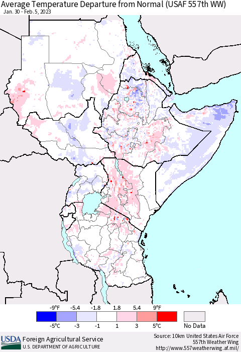 Eastern Africa Average Temperature Departure from Normal (USAF 557th WW) Thematic Map For 1/30/2023 - 2/5/2023