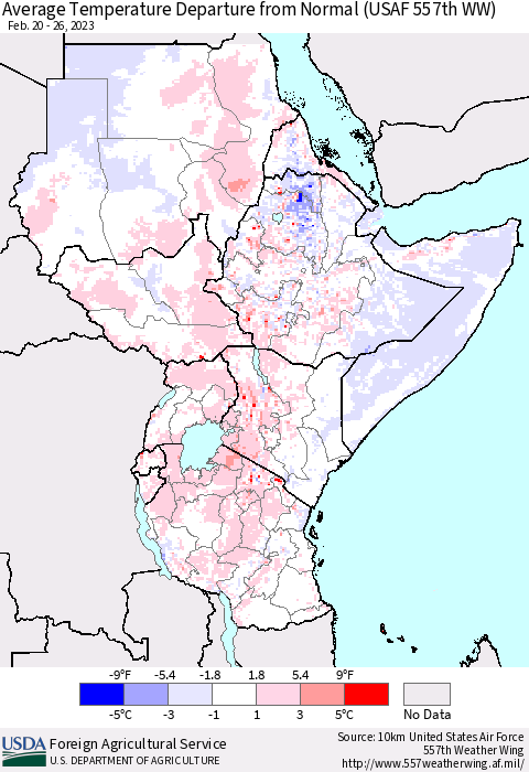 Eastern Africa Average Temperature Departure from Normal (USAF 557th WW) Thematic Map For 2/20/2023 - 2/26/2023