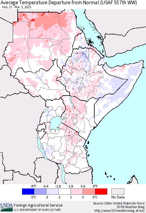 Eastern Africa Average Temperature Departure from Normal (USAF 557th WW) Thematic Map For 2/27/2023 - 3/5/2023