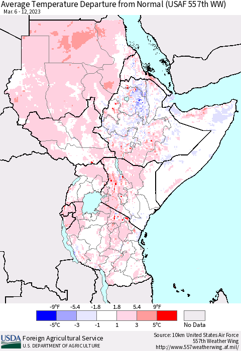 Eastern Africa Average Temperature Departure from Normal (USAF 557th WW) Thematic Map For 3/6/2023 - 3/12/2023