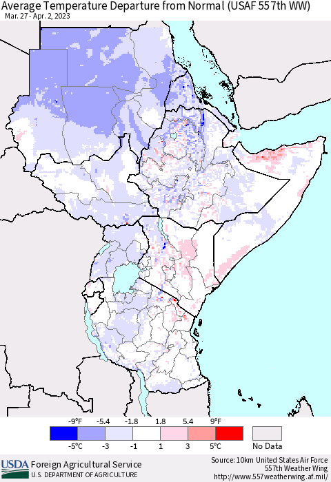 Eastern Africa Average Temperature Departure from Normal (USAF 557th WW) Thematic Map For 3/27/2023 - 4/2/2023