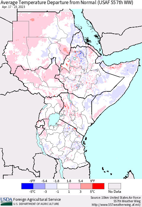 Eastern Africa Average Temperature Departure from Normal (USAF 557th WW) Thematic Map For 4/17/2023 - 4/23/2023