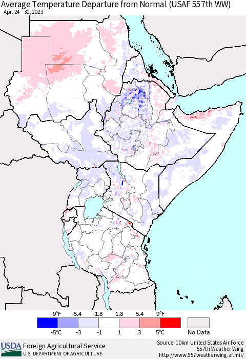 Eastern Africa Average Temperature Departure from Normal (USAF 557th WW) Thematic Map For 4/24/2023 - 4/30/2023