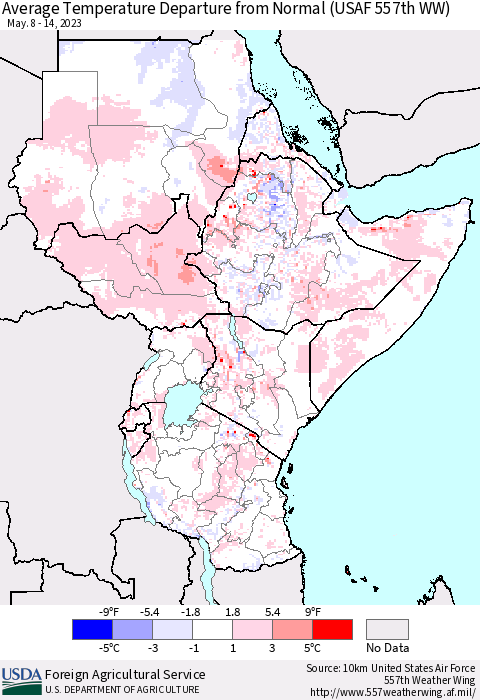 Eastern Africa Average Temperature Departure from Normal (USAF 557th WW) Thematic Map For 5/8/2023 - 5/14/2023