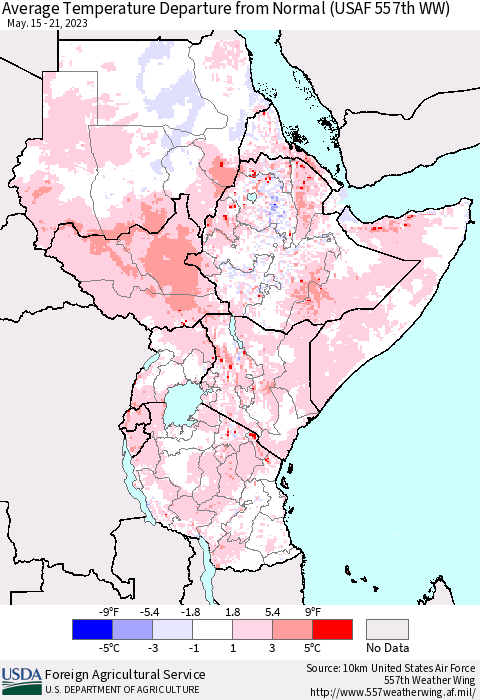 Eastern Africa Average Temperature Departure from Normal (USAF 557th WW) Thematic Map For 5/15/2023 - 5/21/2023