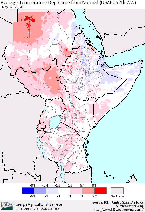 Eastern Africa Average Temperature Departure from Normal (USAF 557th WW) Thematic Map For 5/22/2023 - 5/28/2023