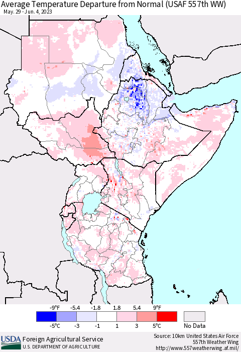 Eastern Africa Average Temperature Departure from Normal (USAF 557th WW) Thematic Map For 5/29/2023 - 6/4/2023