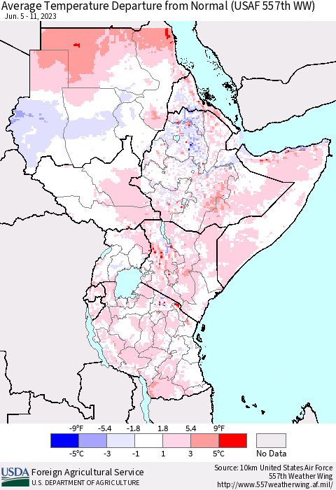 Eastern Africa Average Temperature Departure from Normal (USAF 557th WW) Thematic Map For 6/5/2023 - 6/11/2023