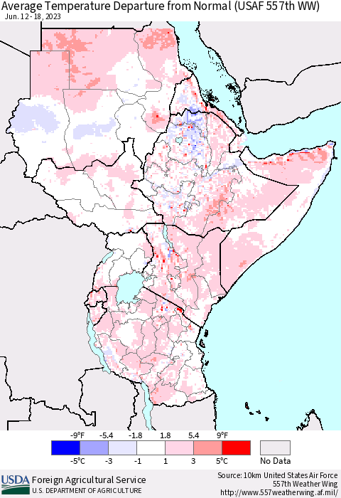 Eastern Africa Average Temperature Departure from Normal (USAF 557th WW) Thematic Map For 6/12/2023 - 6/18/2023