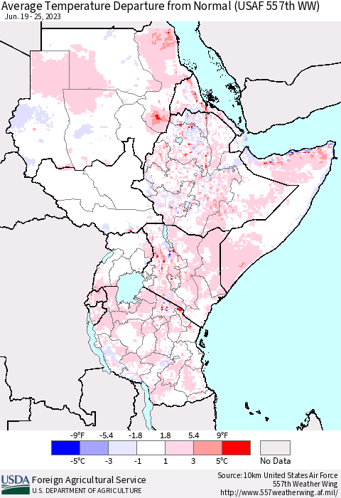 Eastern Africa Average Temperature Departure from Normal (USAF 557th WW) Thematic Map For 6/19/2023 - 6/25/2023