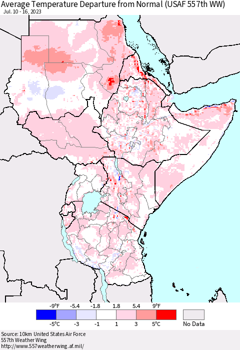 Eastern Africa Average Temperature Departure from Normal (USAF 557th WW) Thematic Map For 7/10/2023 - 7/16/2023