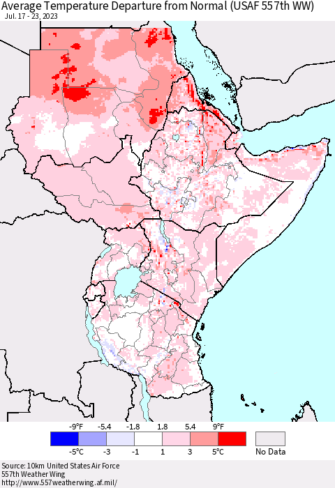 Eastern Africa Average Temperature Departure from Normal (USAF 557th WW) Thematic Map For 7/17/2023 - 7/23/2023