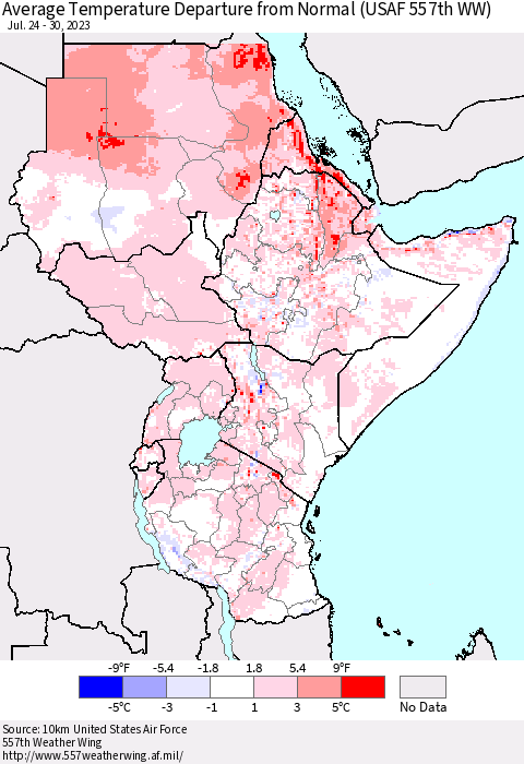 Eastern Africa Average Temperature Departure from Normal (USAF 557th WW) Thematic Map For 7/24/2023 - 7/30/2023