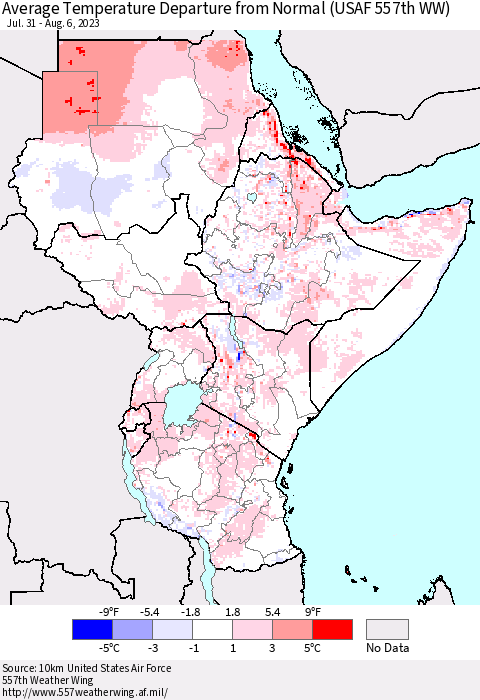 Eastern Africa Average Temperature Departure from Normal (USAF 557th WW) Thematic Map For 7/31/2023 - 8/6/2023