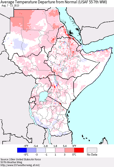 Eastern Africa Average Temperature Departure from Normal (USAF 557th WW) Thematic Map For 8/7/2023 - 8/13/2023