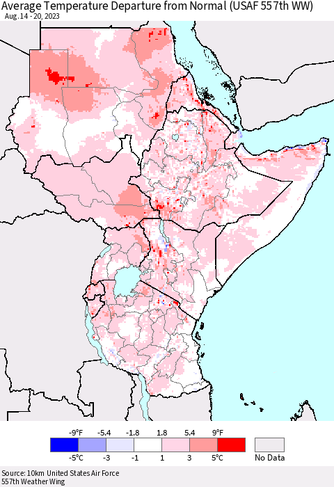 Eastern Africa Average Temperature Departure from Normal (USAF 557th WW) Thematic Map For 8/14/2023 - 8/20/2023