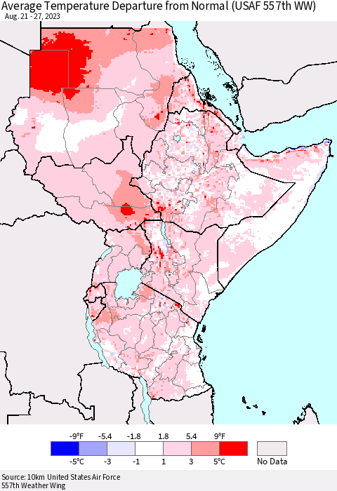 Eastern Africa Average Temperature Departure from Normal (USAF 557th WW) Thematic Map For 8/21/2023 - 8/27/2023