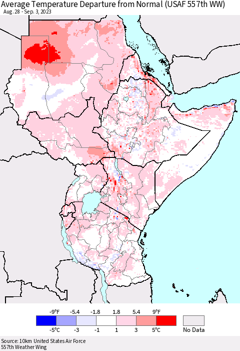 Eastern Africa Average Temperature Departure from Normal (USAF 557th WW) Thematic Map For 8/28/2023 - 9/3/2023