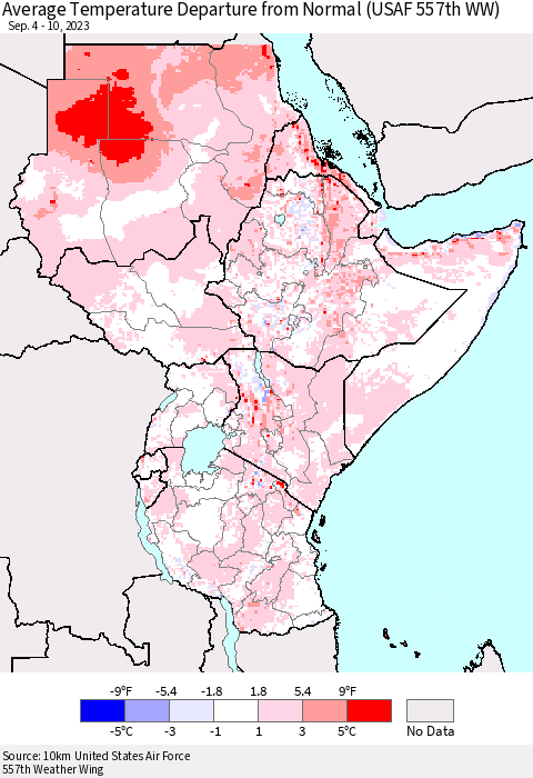 Eastern Africa Average Temperature Departure from Normal (USAF 557th WW) Thematic Map For 9/4/2023 - 9/10/2023