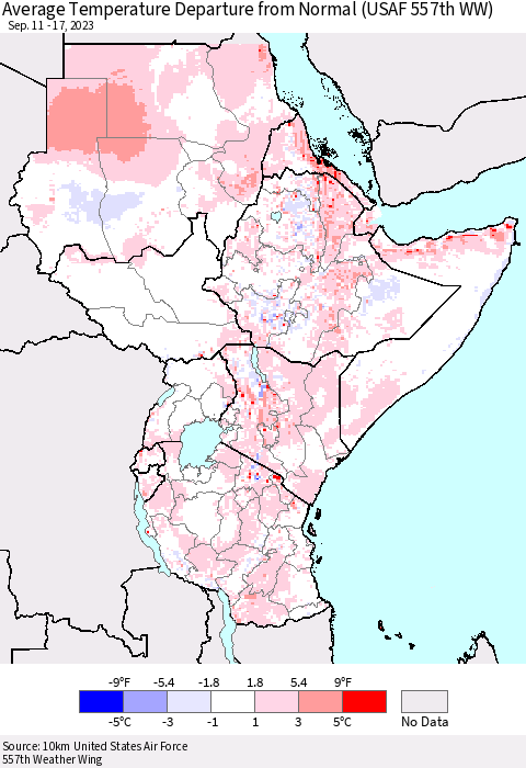 Eastern Africa Average Temperature Departure from Normal (USAF 557th WW) Thematic Map For 9/11/2023 - 9/17/2023