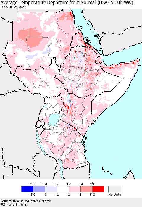 Eastern Africa Average Temperature Departure from Normal (USAF 557th WW) Thematic Map For 9/18/2023 - 9/24/2023