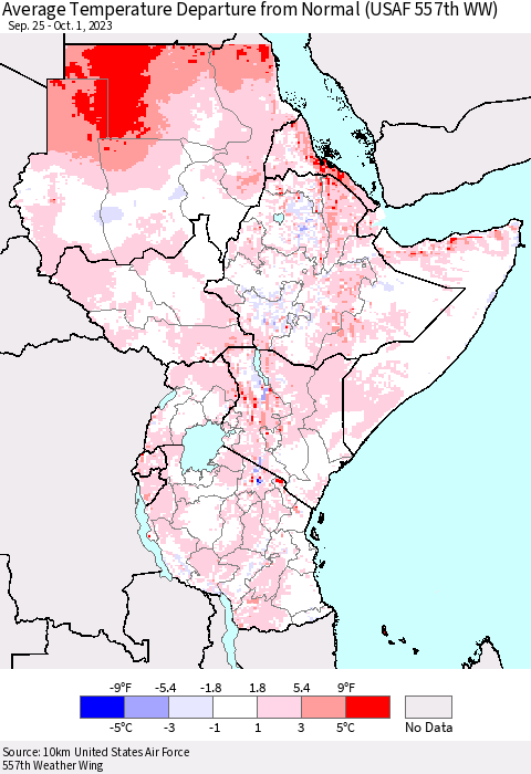 Eastern Africa Average Temperature Departure from Normal (USAF 557th WW) Thematic Map For 9/25/2023 - 10/1/2023