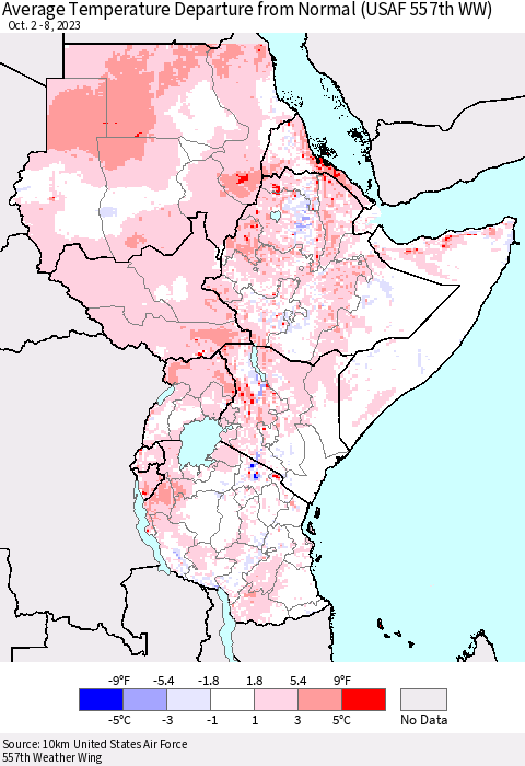 Eastern Africa Average Temperature Departure from Normal (USAF 557th WW) Thematic Map For 10/2/2023 - 10/8/2023