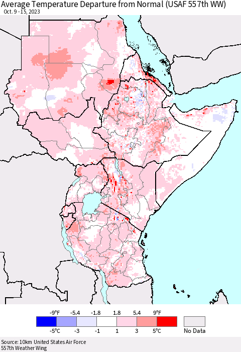 Eastern Africa Average Temperature Departure from Normal (USAF 557th WW) Thematic Map For 10/9/2023 - 10/15/2023