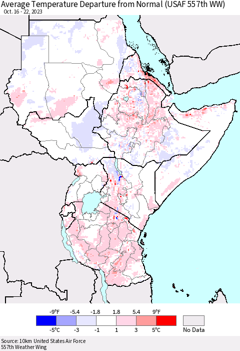 Eastern Africa Average Temperature Departure from Normal (USAF 557th WW) Thematic Map For 10/16/2023 - 10/22/2023