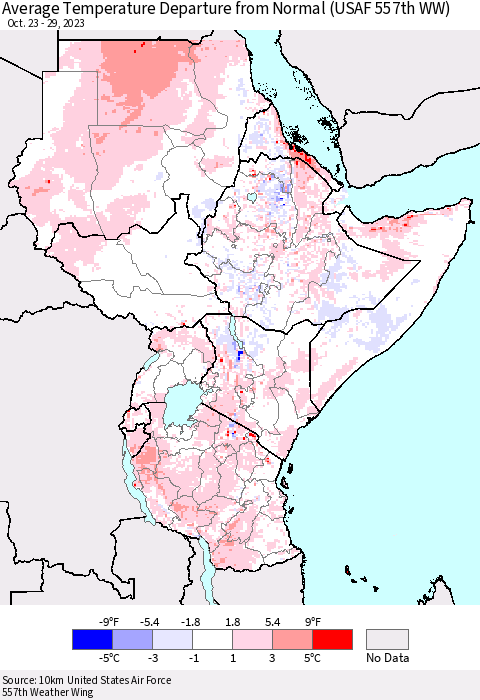 Eastern Africa Average Temperature Departure from Normal (USAF 557th WW) Thematic Map For 10/23/2023 - 10/29/2023