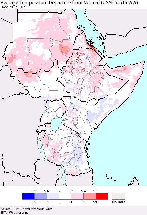 Eastern Africa Average Temperature Departure from Normal (USAF 557th WW) Thematic Map For 11/20/2023 - 11/26/2023