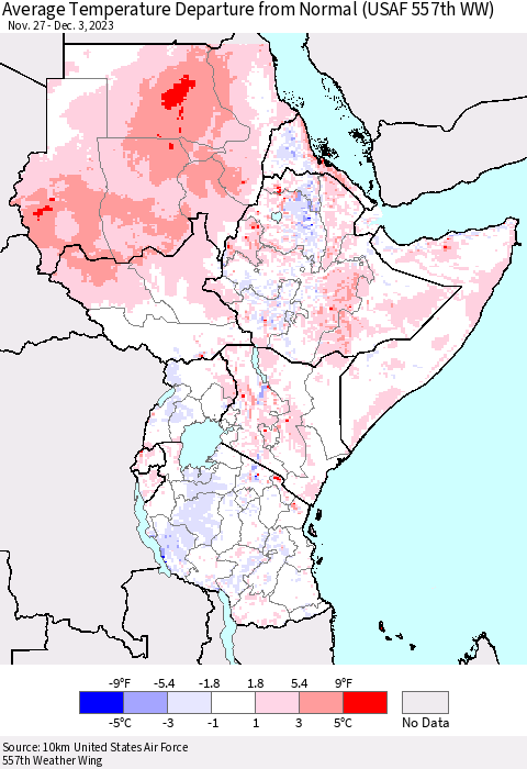 Eastern Africa Average Temperature Departure from Normal (USAF 557th WW) Thematic Map For 11/27/2023 - 12/3/2023