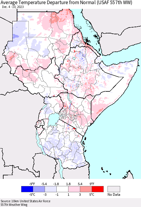 Eastern Africa Average Temperature Departure from Normal (USAF 557th WW) Thematic Map For 12/4/2023 - 12/10/2023