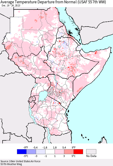 Eastern Africa Average Temperature Departure from Normal (USAF 557th WW) Thematic Map For 12/18/2023 - 12/24/2023